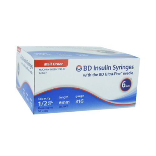 Insulin Syringe Ultra-Fine Short .5cc 31g x 5/16"  100/Pk x 5/Cs