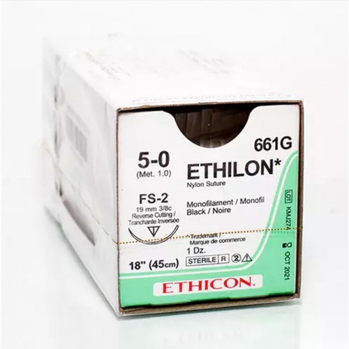 5-0 Ethilon Monofilament Sutures with FS-2 Needle, Black, 12/Pk, 661G