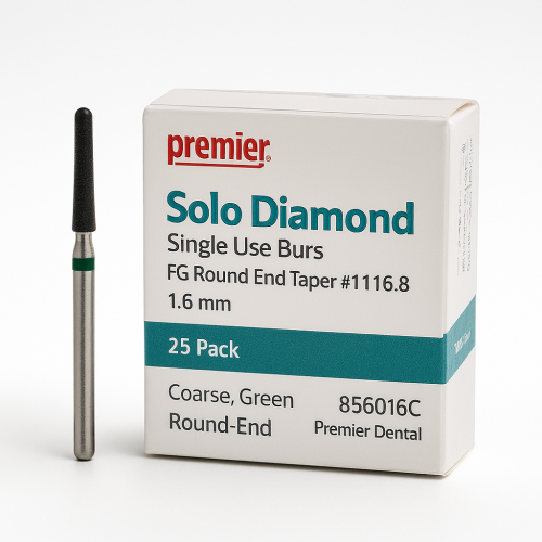 Solo Diamond Single Use Burs, FG, Round End Taper, # 1116.8, 1.6 mm, Coarse, Green, 25/Pk, 856016C